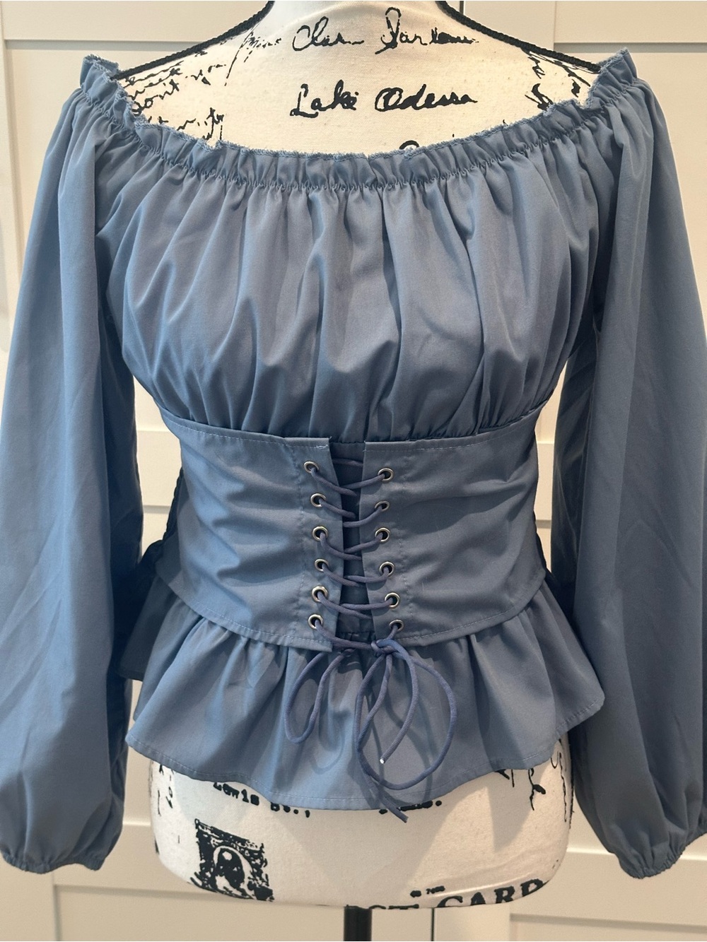 🩵Renaissance -Off-Shoulder Lace-Up Waist Peasant Top in Dusty Blue SIZE LARGE